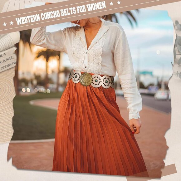 Woman's Western PU Leather Belts Concho Disc Wide Waist Belt Gold Bronze Buckle - Picture 5 of 6